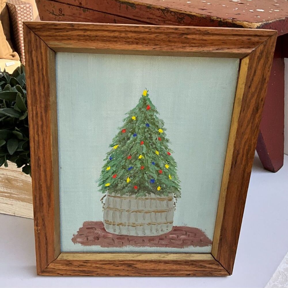 Vintage oil painting decorated tree in a pot sweet wooden frame Grandmacore